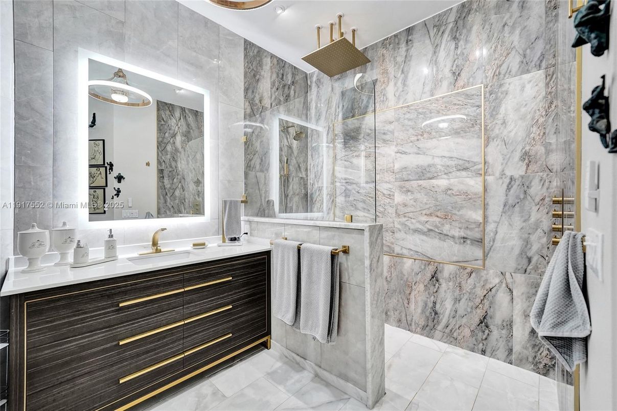 Bathroom, Dual Sink Vanities, Glass Shower, Interior, Marble Walls