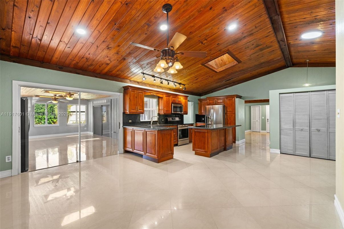 Interior, Kitchen, Recessed Lighting, Stainless Steel Appliances, Wooden Ceilings