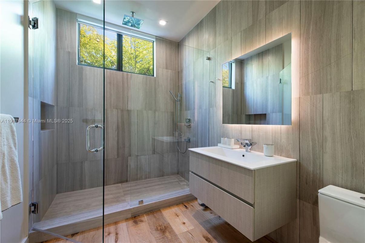 Bathroom, Glass Shower, Interior, Recessed Lighting, Wood Texture Flooring