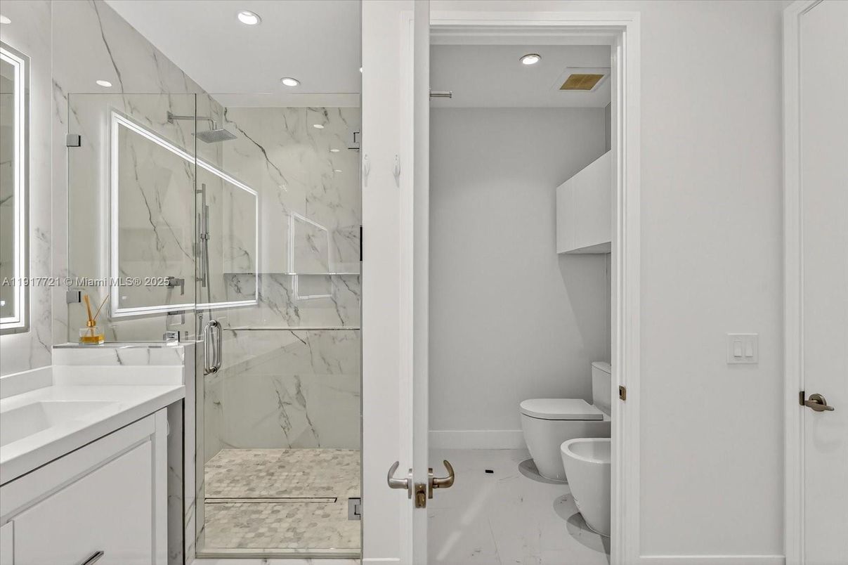 Bathroom, Glass Shower, Interior, Marble, Marble Walls, Recessed Lighting