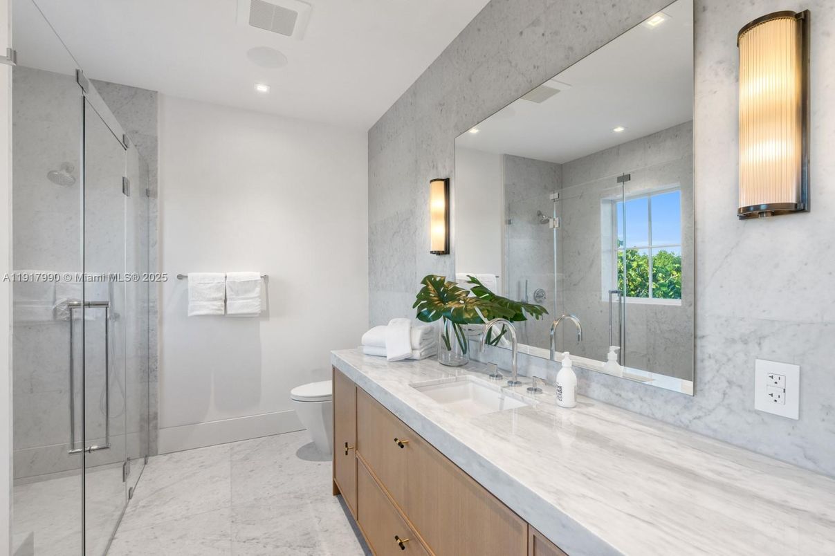 Bathroom, Glass Shower, Interior, Marble, Marble Walls, Recessed Lighting