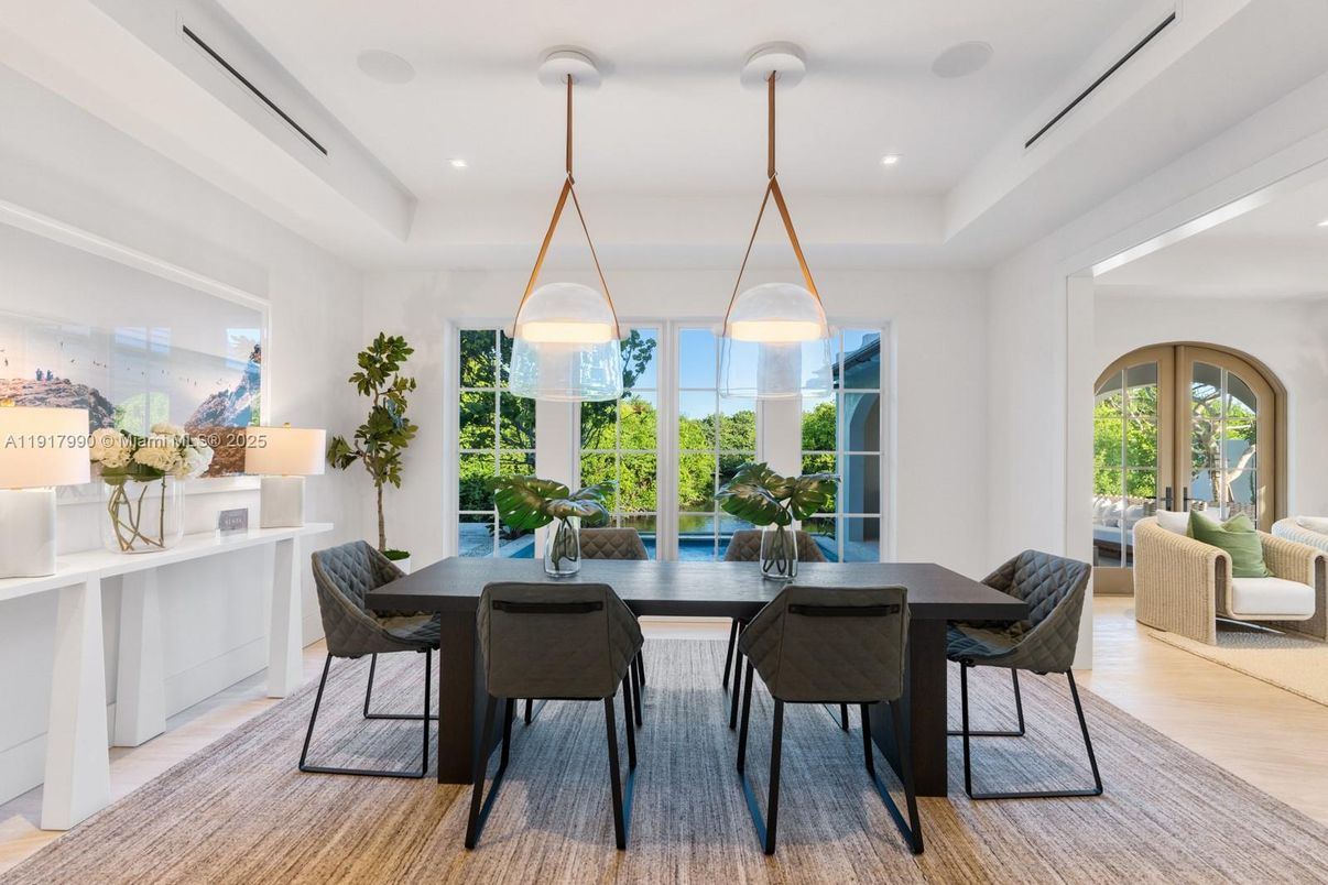 Dining room, Interior, Pendant Lights, Recessed Lighting, Wood Texture Flooring