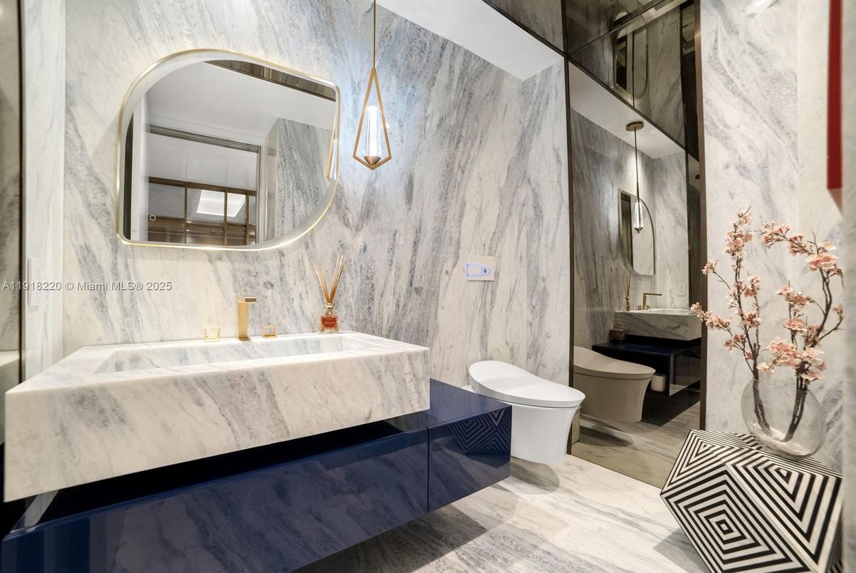 Bathroom, Interior, Marble Walls, Pendant Lights, Wood Texture Flooring