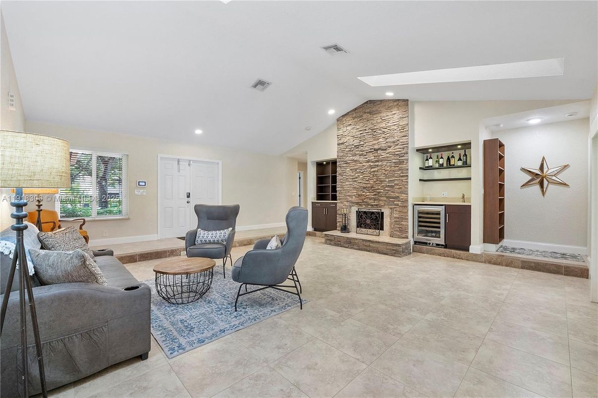 Fireplace, Interior, Living room, Recessed Lighting, Stone Walls