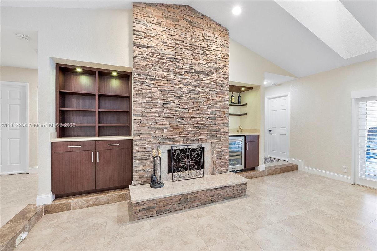 Fireplace, Interior, Recessed Lighting, Stone Walls