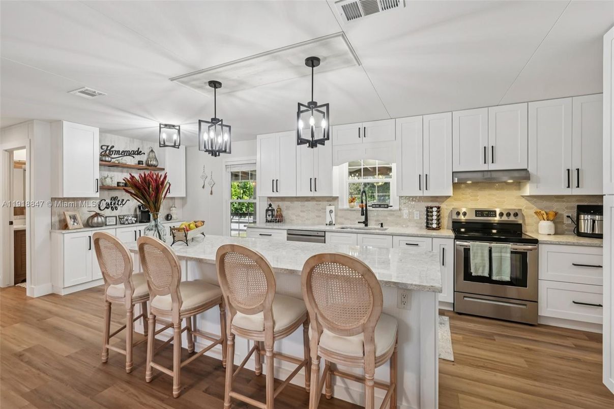 Interior, Kitchen, Pendant Lights, Stainless Steel Appliances, Wood Texture Flooring
