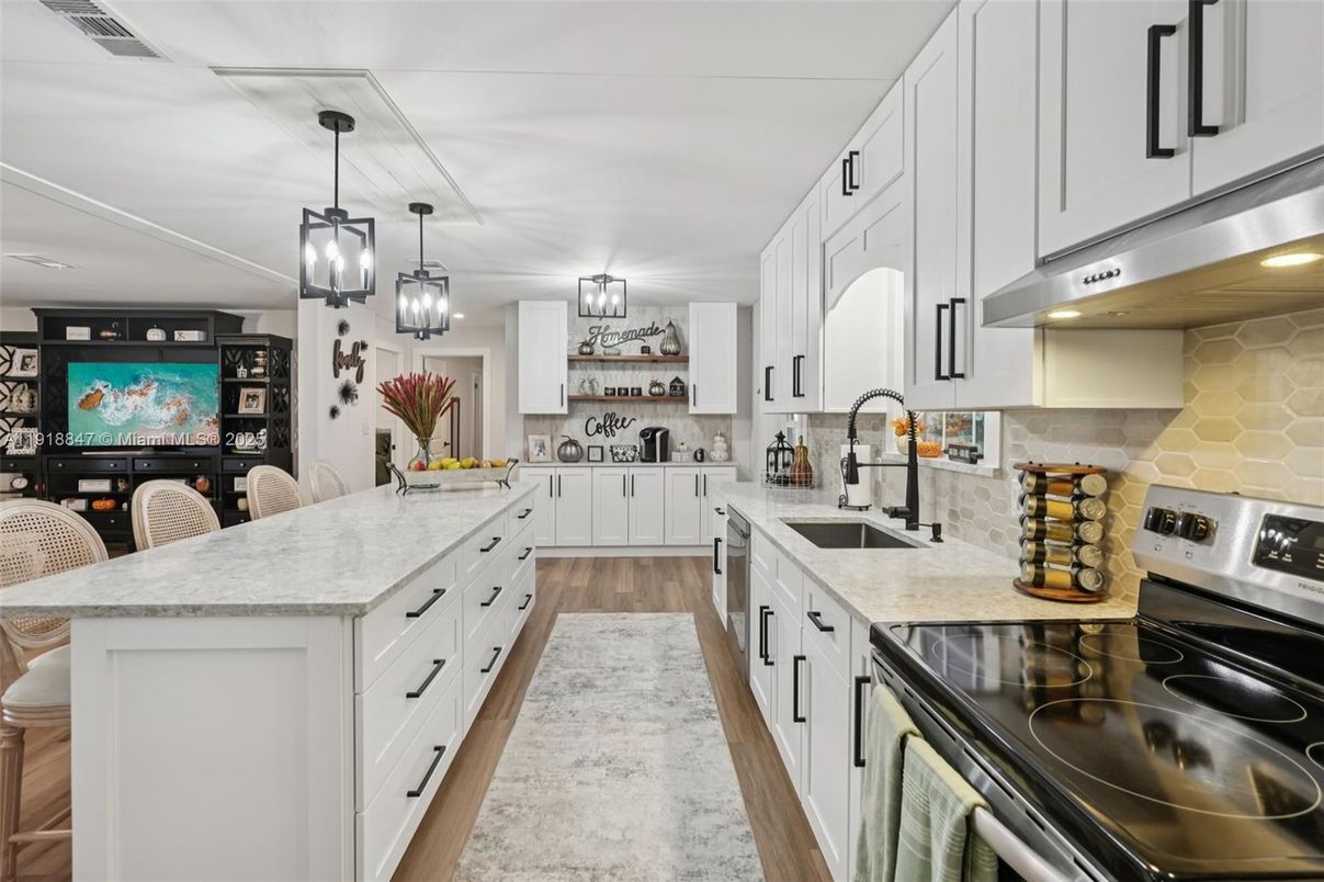 Chandelier, Interior, Kitchen, Pendant Lights, Stainless Steel Appliances, Wood Texture Flooring