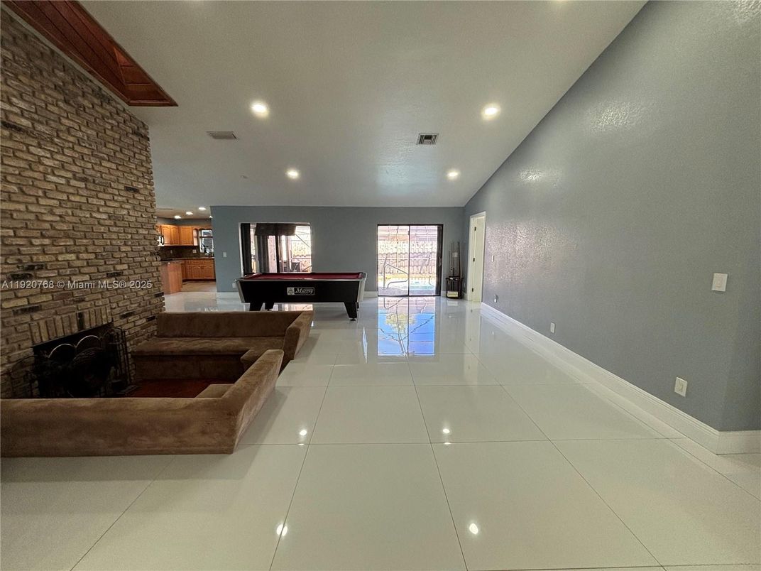 Billiard Table, Game Room, Interior, Recessed Lighting, Stone Walls