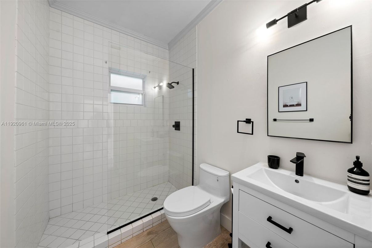 Bathroom, Glass Shower, Interior, Wood Texture Flooring