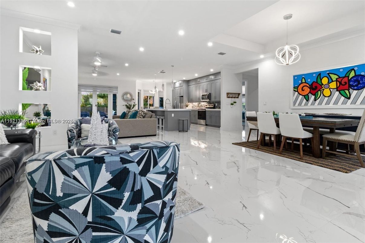 Dining room, Interior, Kitchen, Living room, Marble, Pendant Lights, Recessed Lighting, Stainless Steel Appliances