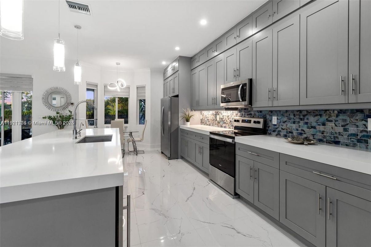 Interior, Kitchen, Marble, Pendant Lights, Recessed Lighting, Stainless Steel Appliances