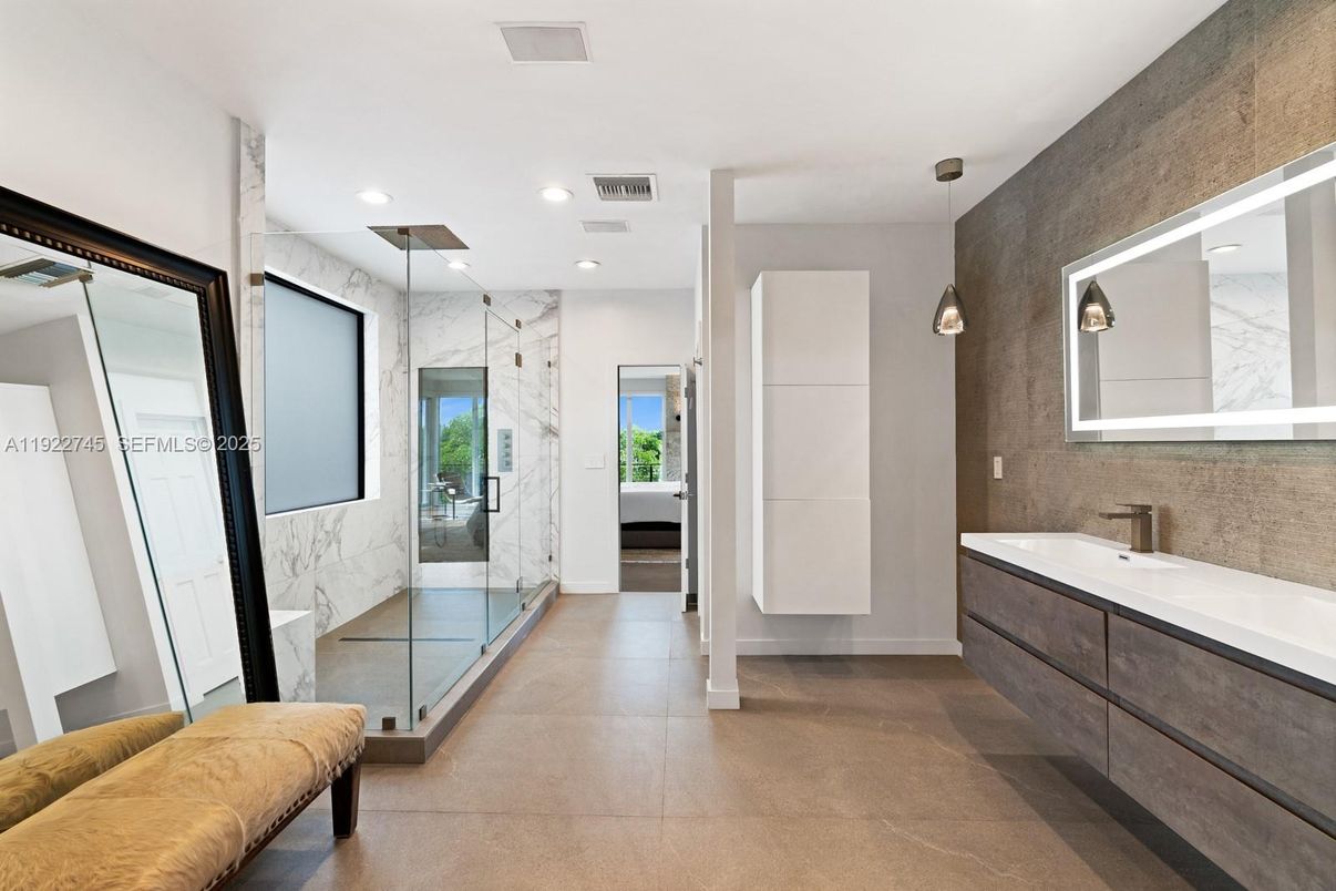 Bathroom, Glass Shower, Interior, Marble Walls, Recessed Lighting