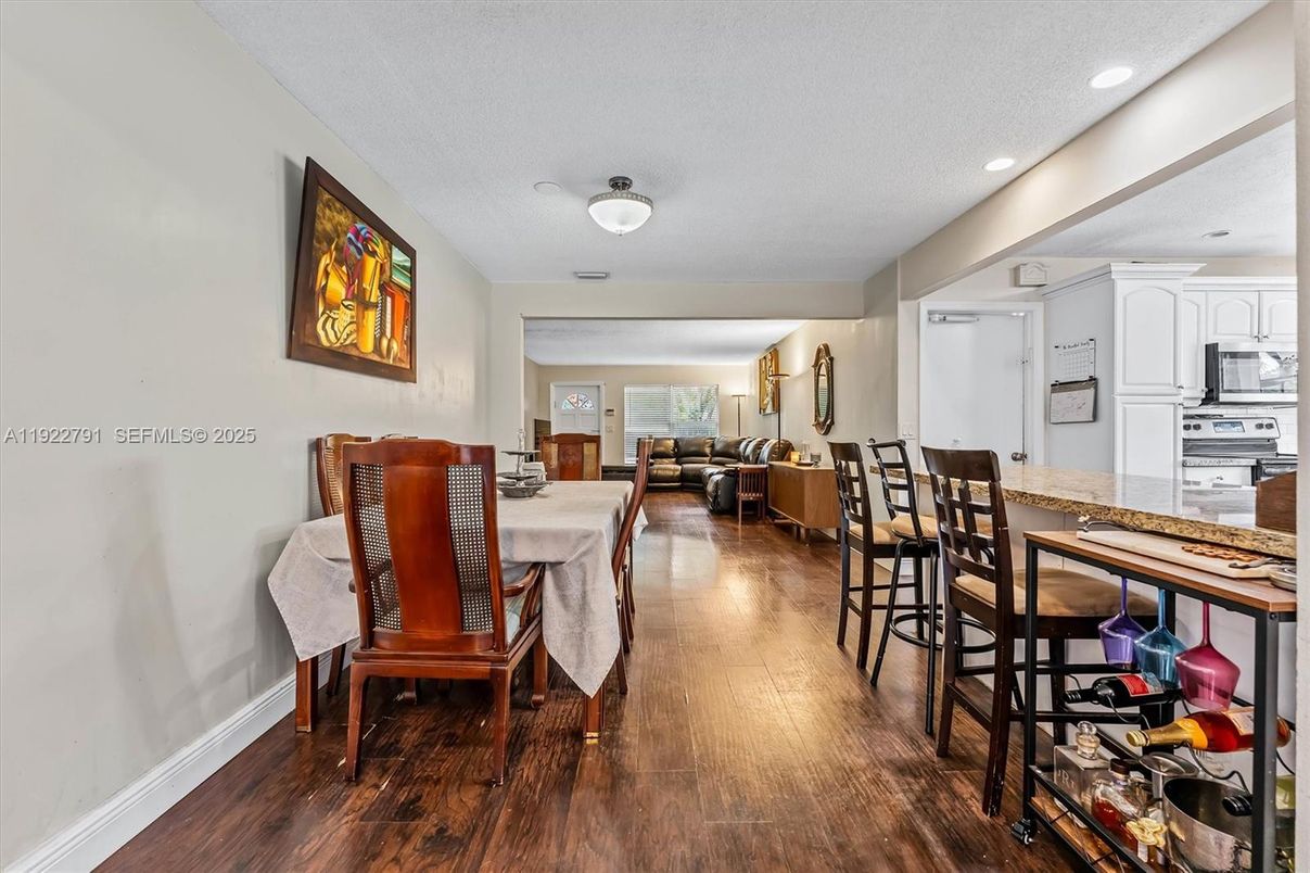 Dining room, Interior, Kitchen, Living room, Recessed Lighting, Wood Texture Flooring