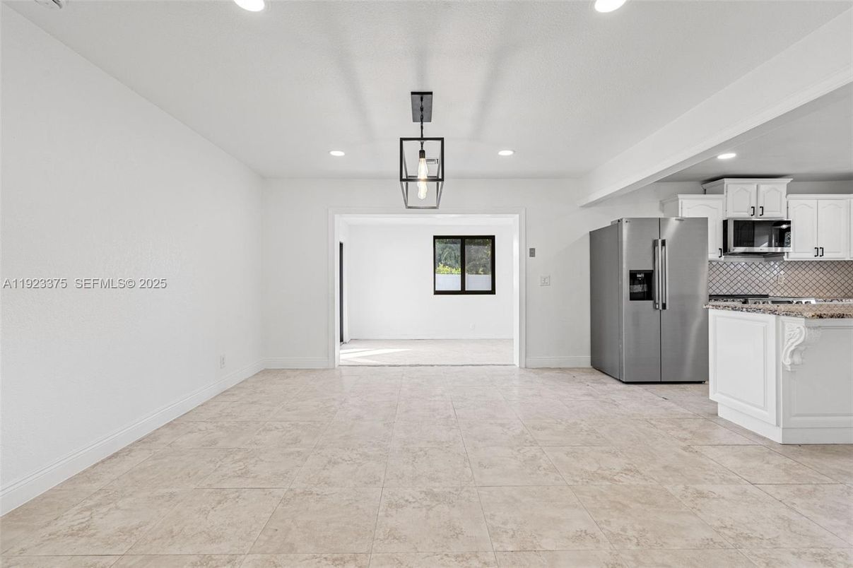 Empty room, Interior, Kitchen, Pendant Lights, Recessed Lighting, Stainless Steel Appliances