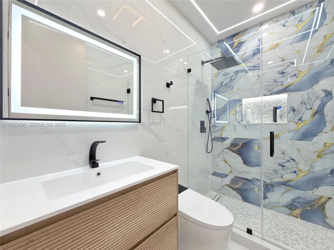 Bathroom, Glass Shower, Interior, Marble Walls, Recessed Lighting