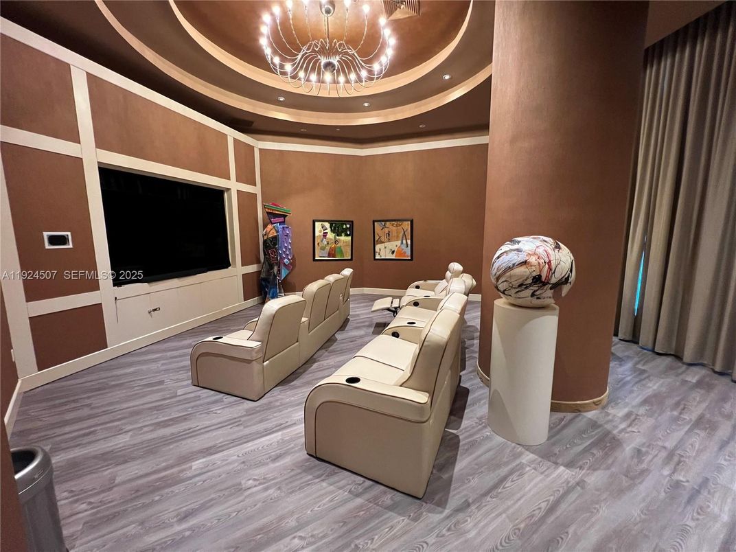 Chandelier, Home Theatre Room, Interior, Recessed Lighting, Theatre Room, Wood Texture Flooring