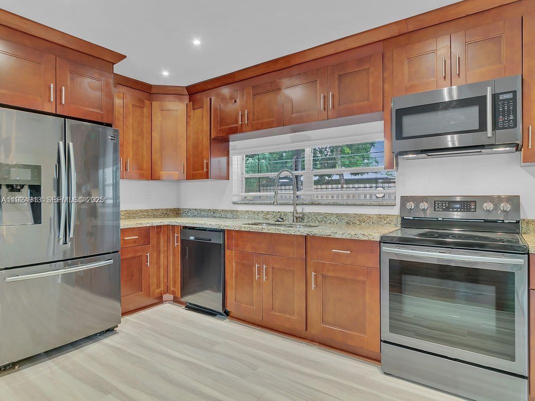 Interior, Kitchen, Recessed Lighting, Stainless Steel Appliances, Wood Texture Flooring