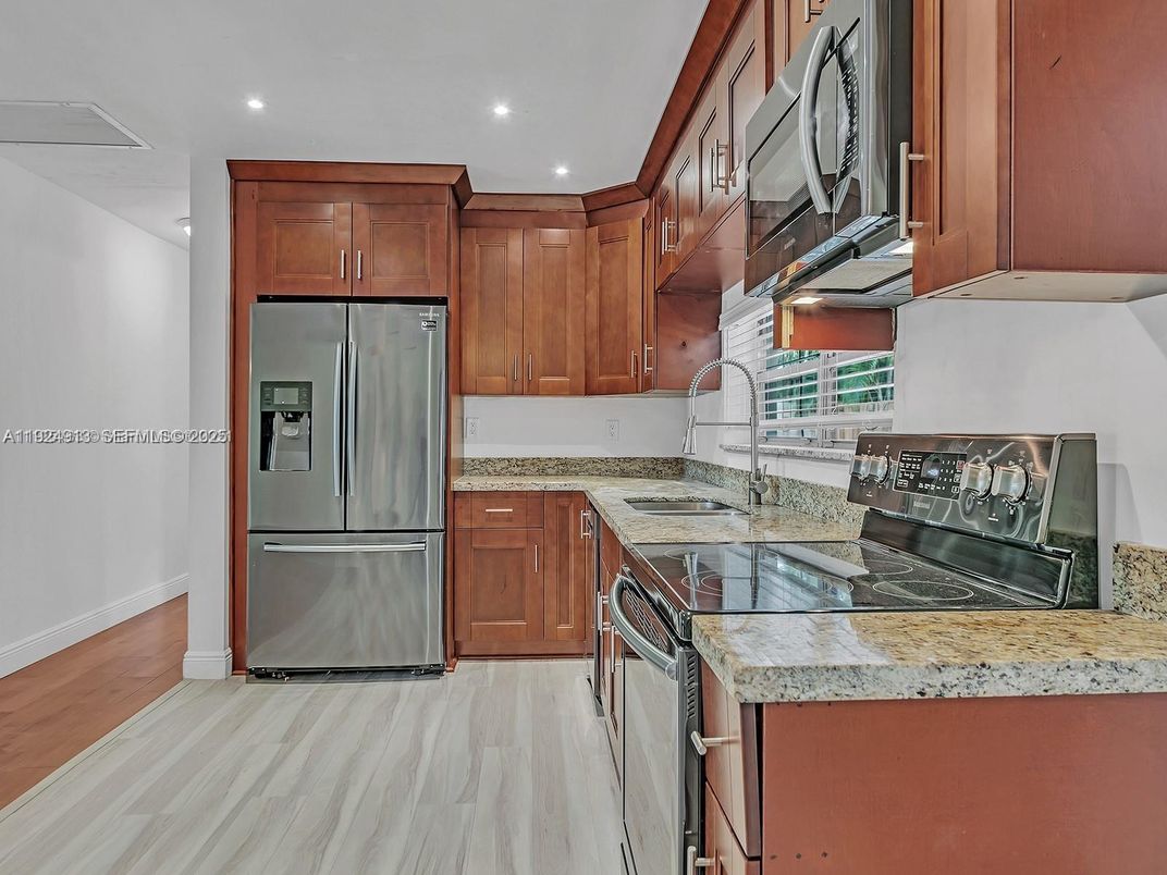 Interior, Kitchen, Recessed Lighting, Stainless Steel Appliances, Wood Texture Flooring