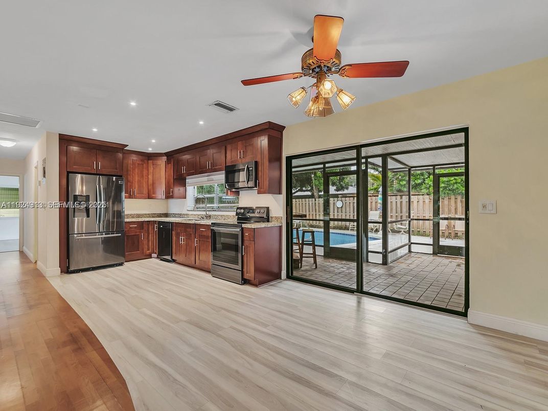 Interior, Kitchen, Recessed Lighting, Stainless Steel Appliances, Wood Texture Flooring