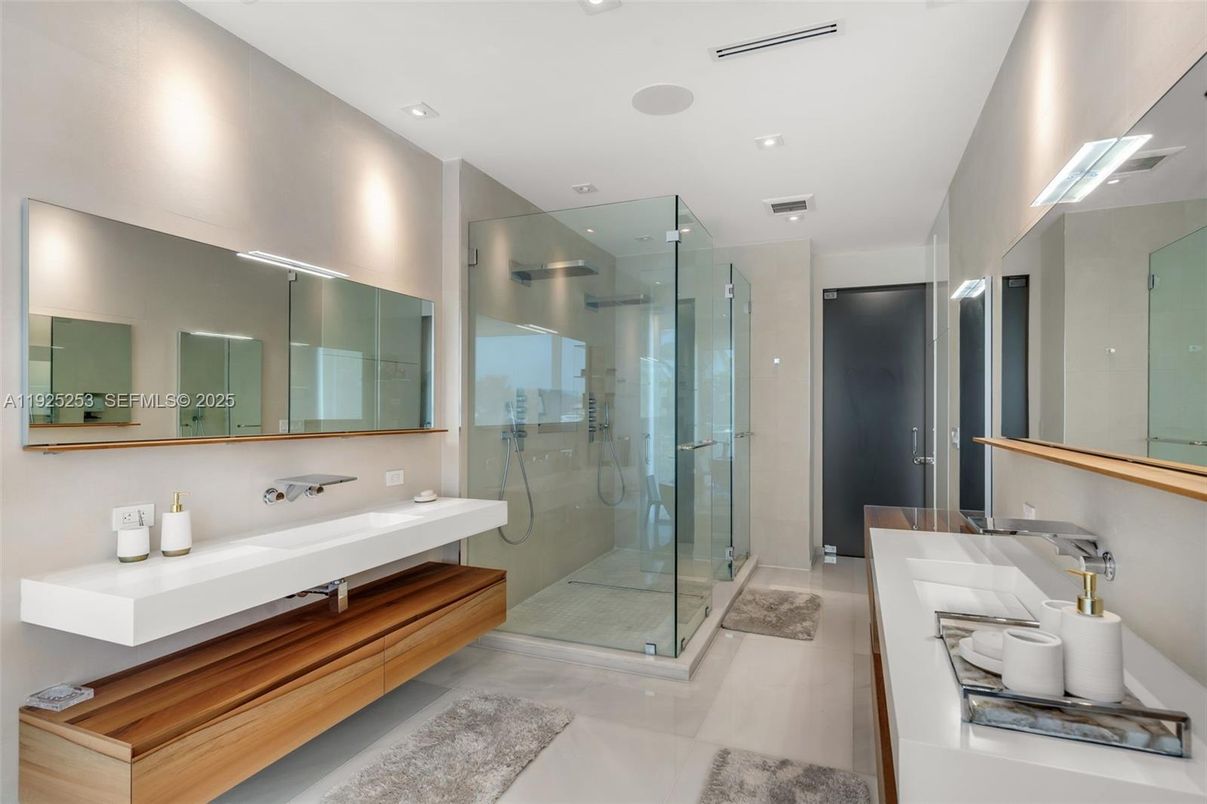 Bathroom, Dual Sink Vanities, Glass Shower, Interior, Recessed Lighting