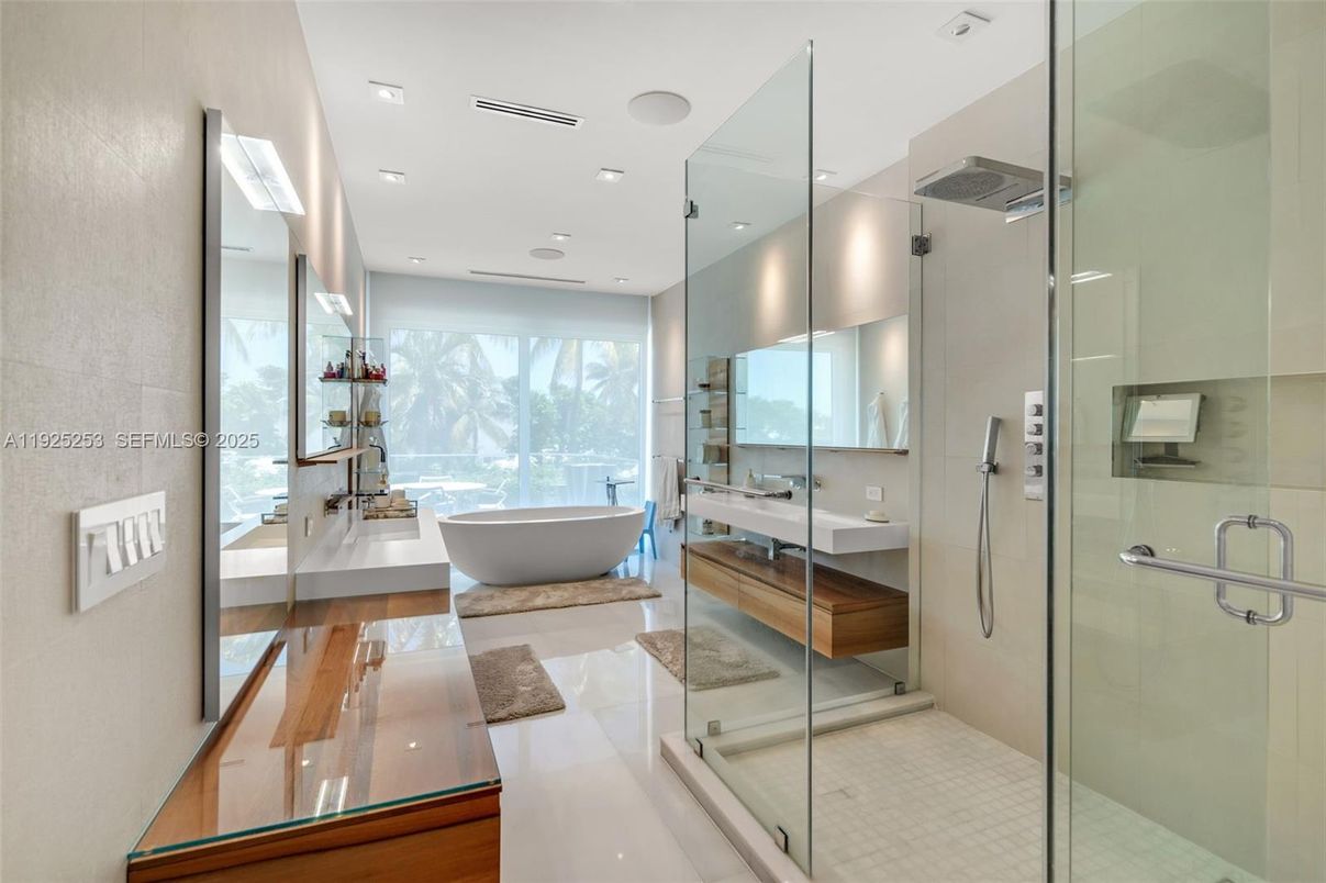Bathroom, Free Standing Baths, Glass Shower, Interior, Recessed Lighting