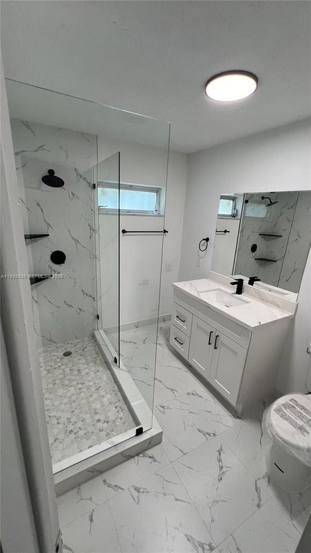 Bathroom, Glass Shower, Interior, Marble, Marble Walls, Recessed Lighting