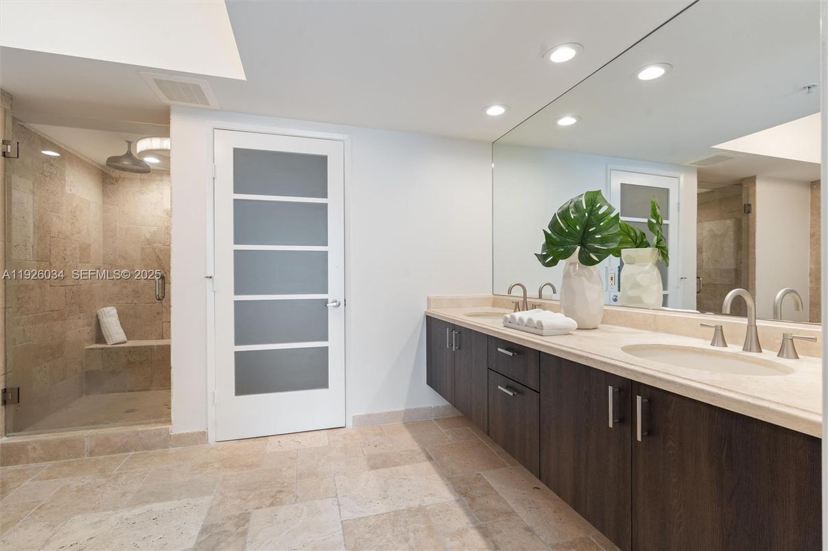 Bathroom, Dual Sink Vanities, Glass Shower, Interior, Recessed Lighting