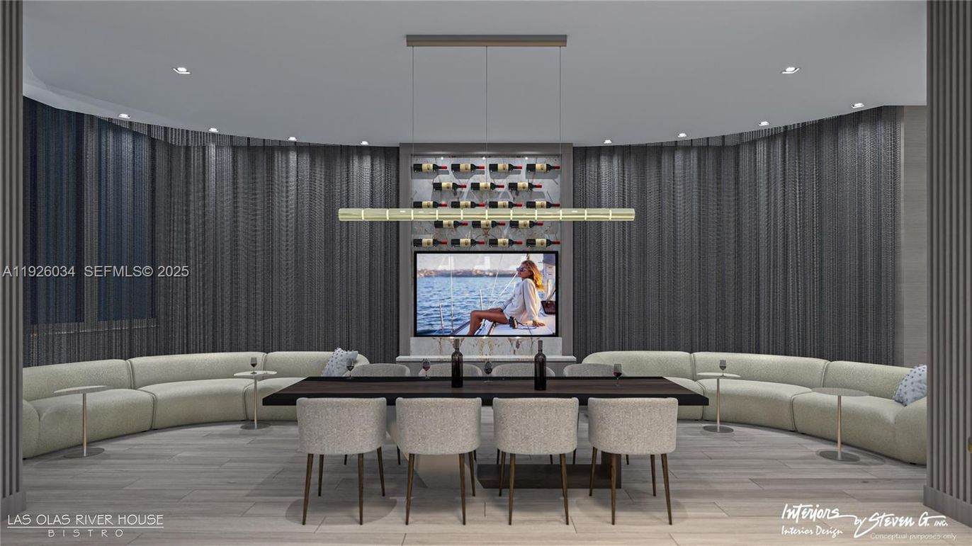 Dining room, Interior, Living room, Pendant Lights, Recessed Lighting, Wood Texture Flooring