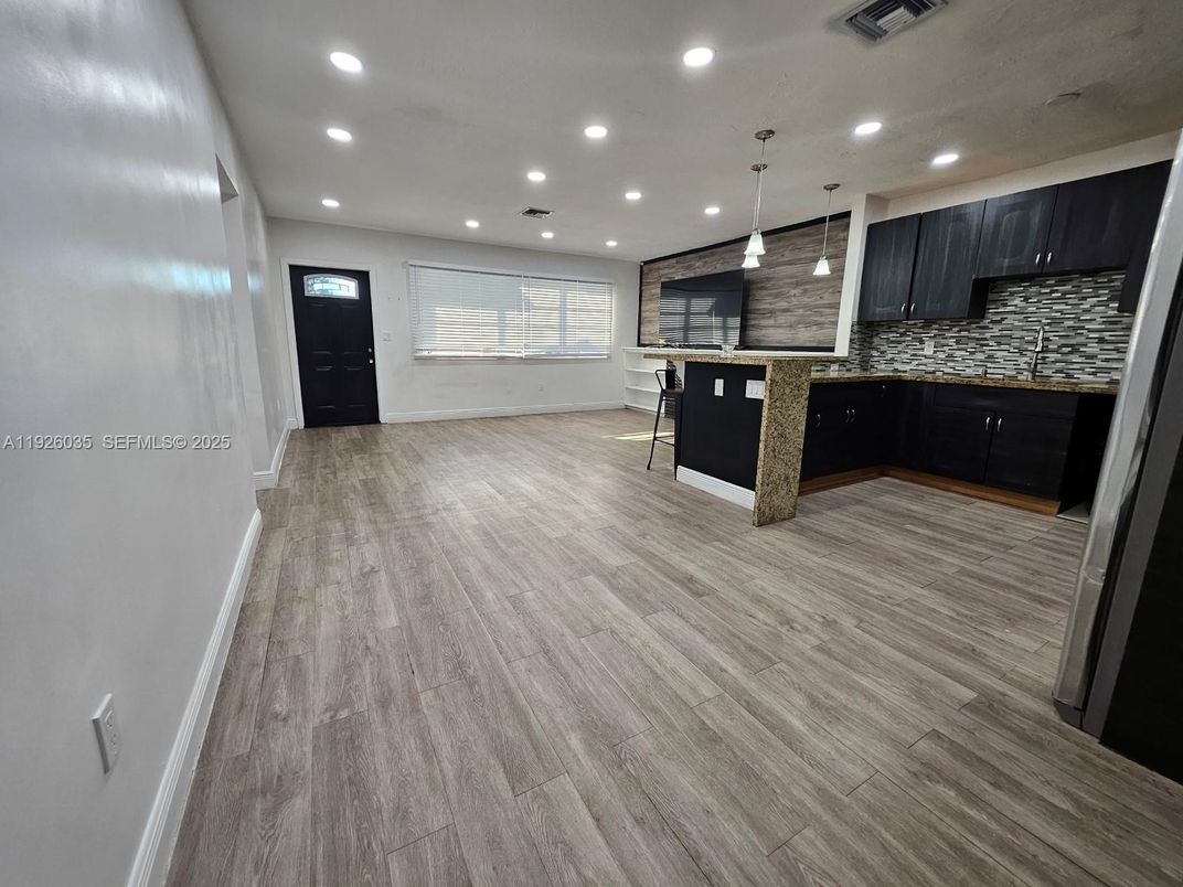 Empty room, Interior, Kitchen, Pendant Lights, Recessed Lighting, Wood Texture Flooring