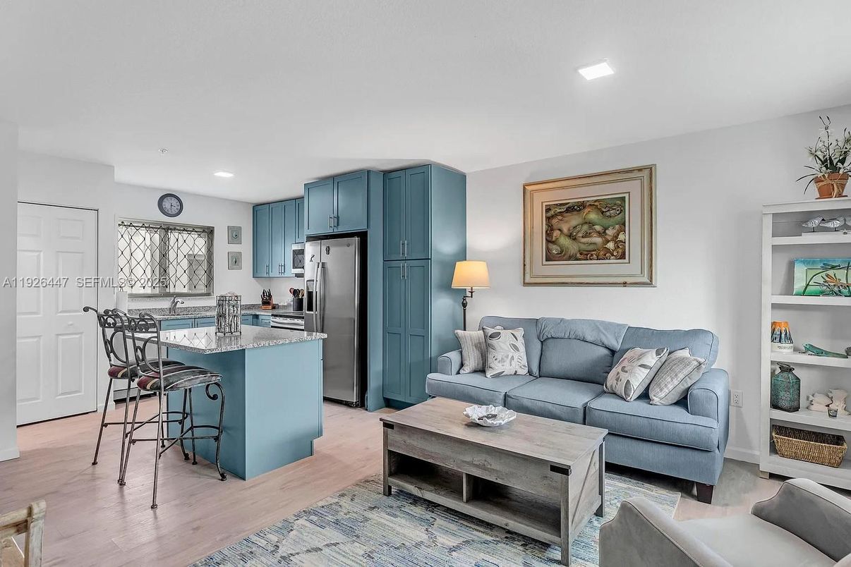 Interior, Kitchen, Living room, Recessed Lighting, Stainless Steel Appliances, Wood Texture Flooring