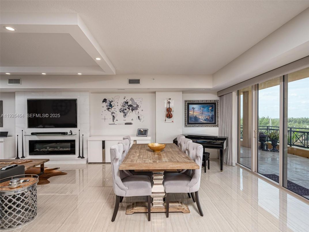 Dining room, Fireplace, Interior, Piano, Recessed Lighting