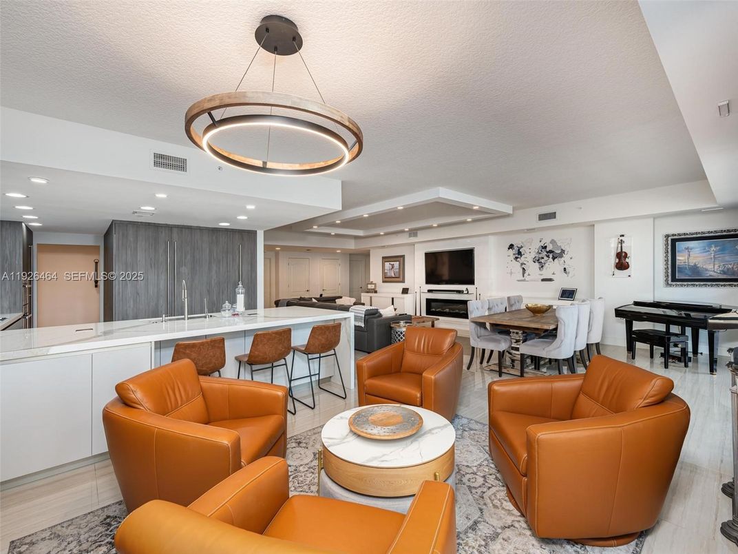 Dining room, Interior, Kitchen, Living room, Pendant Lights, Piano, Recessed Lighting