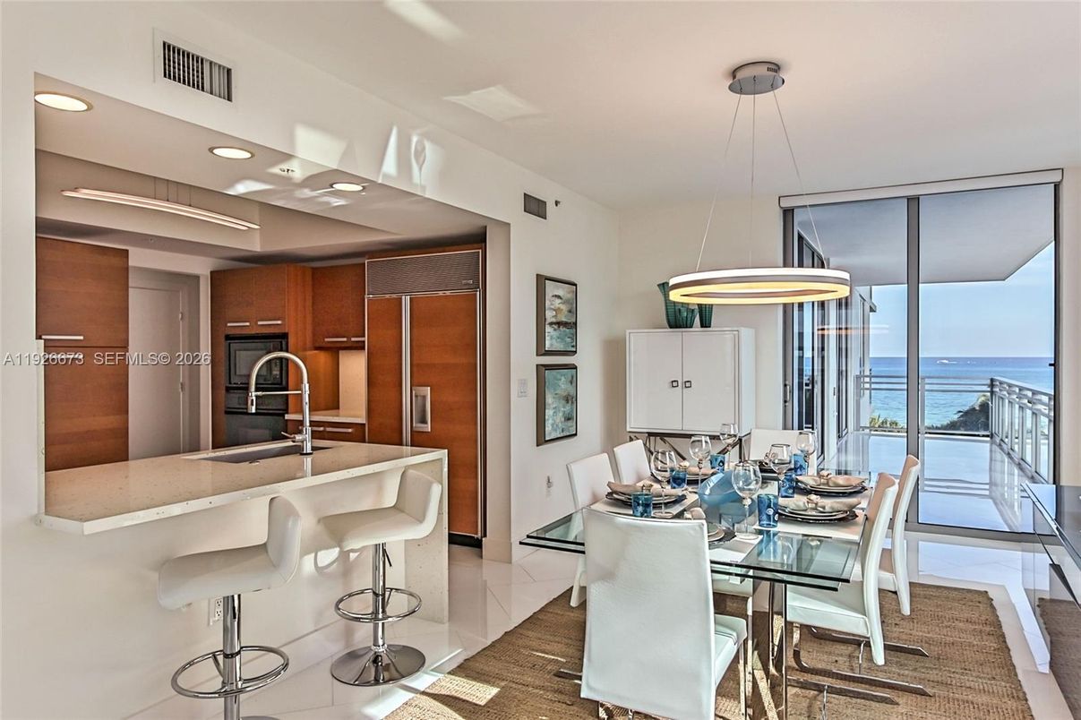 Dining room, Interior, Kitchen, Pendant Lights, Recessed Lighting, Water, Wood Texture Flooring
