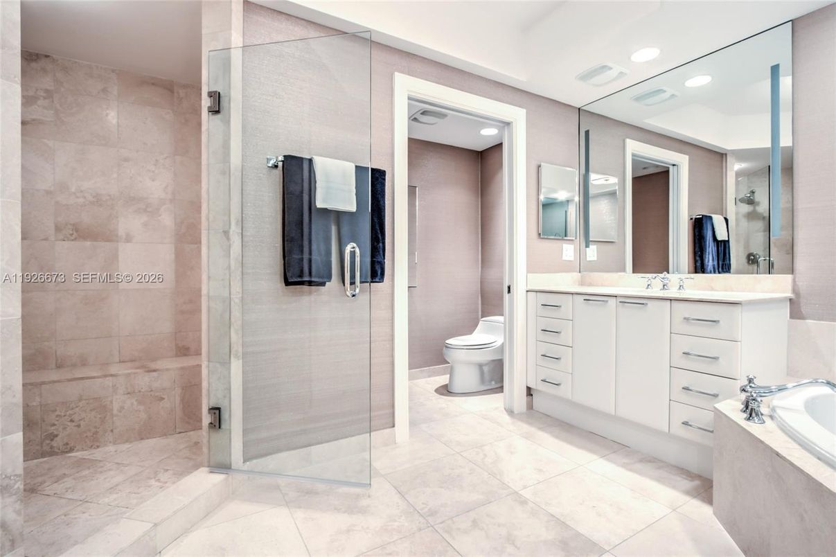 Bathroom, Dual Sink Vanities, Glass Shower, Interior, Recessed Lighting