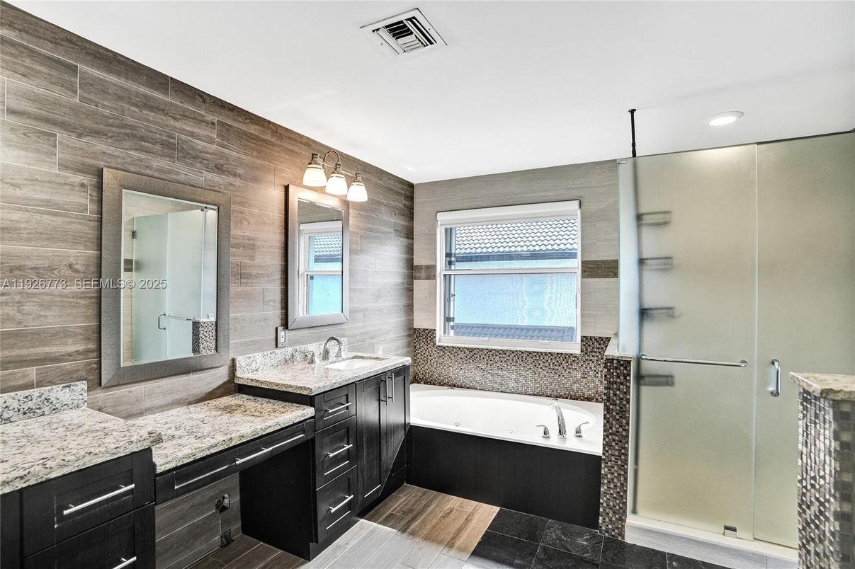 Bathroom, Dual Sink Vanities, Glass Shower, Interior, Recessed Lighting, Wood Texture Flooring