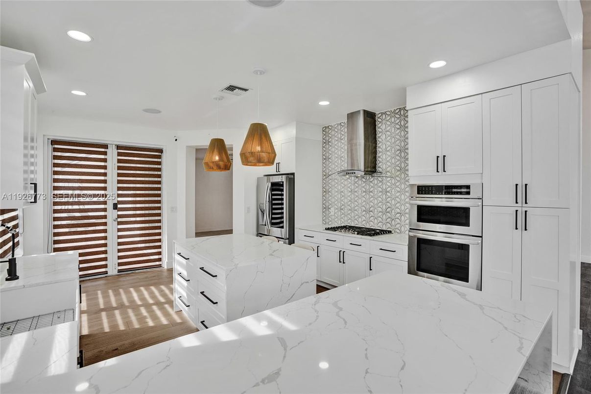 Interior, Kitchen, Marble, Pendant Lights, Recessed Lighting, Stainless Steel Appliances