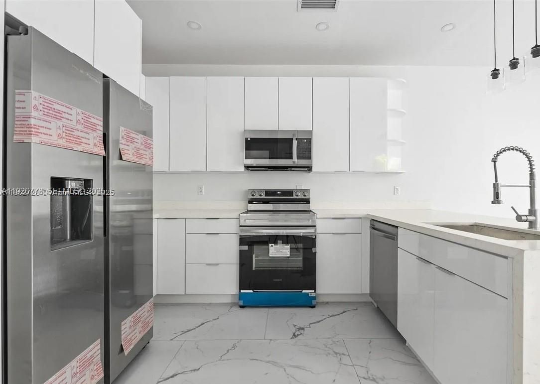 Interior, Kitchen, Marble, Recessed Lighting, Stainless Steel Appliances