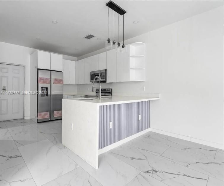 Interior, Kitchen, Marble, Pendant Lights, Recessed Lighting, Stainless Steel Appliances