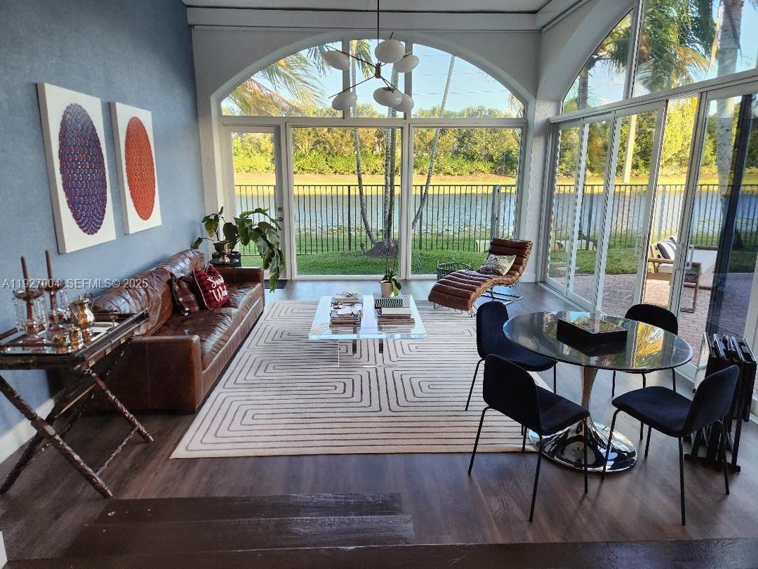 Interior, Living room, Pendant Lights, Sun Room, Water, Wood Texture Flooring