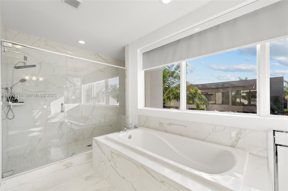Bathroom, Glass Shower, Interior, Marble, Marble Walls, Recessed Lighting