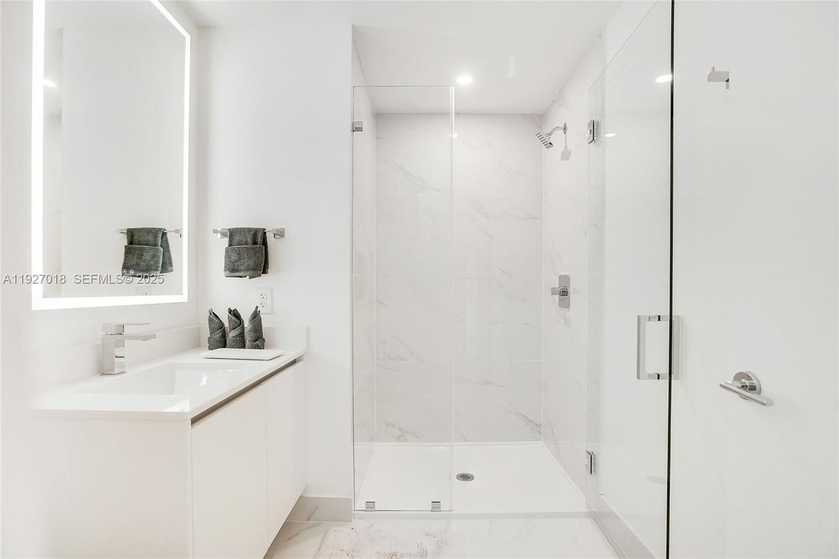 Bathroom, Glass Shower, Interior, Marble, Marble Walls, Recessed Lighting