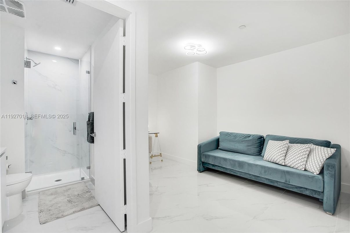 Bathroom, Glass Shower, Interior, Marble, Marble Walls, Recessed Lighting