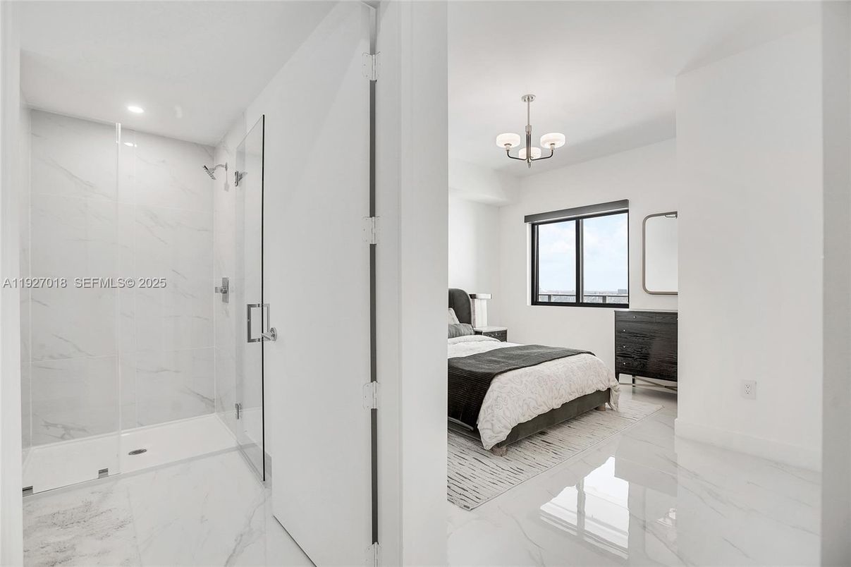 Bathroom, Bedroom, Glass Shower, Interior, Marble, Marble Walls, Recessed Lighting