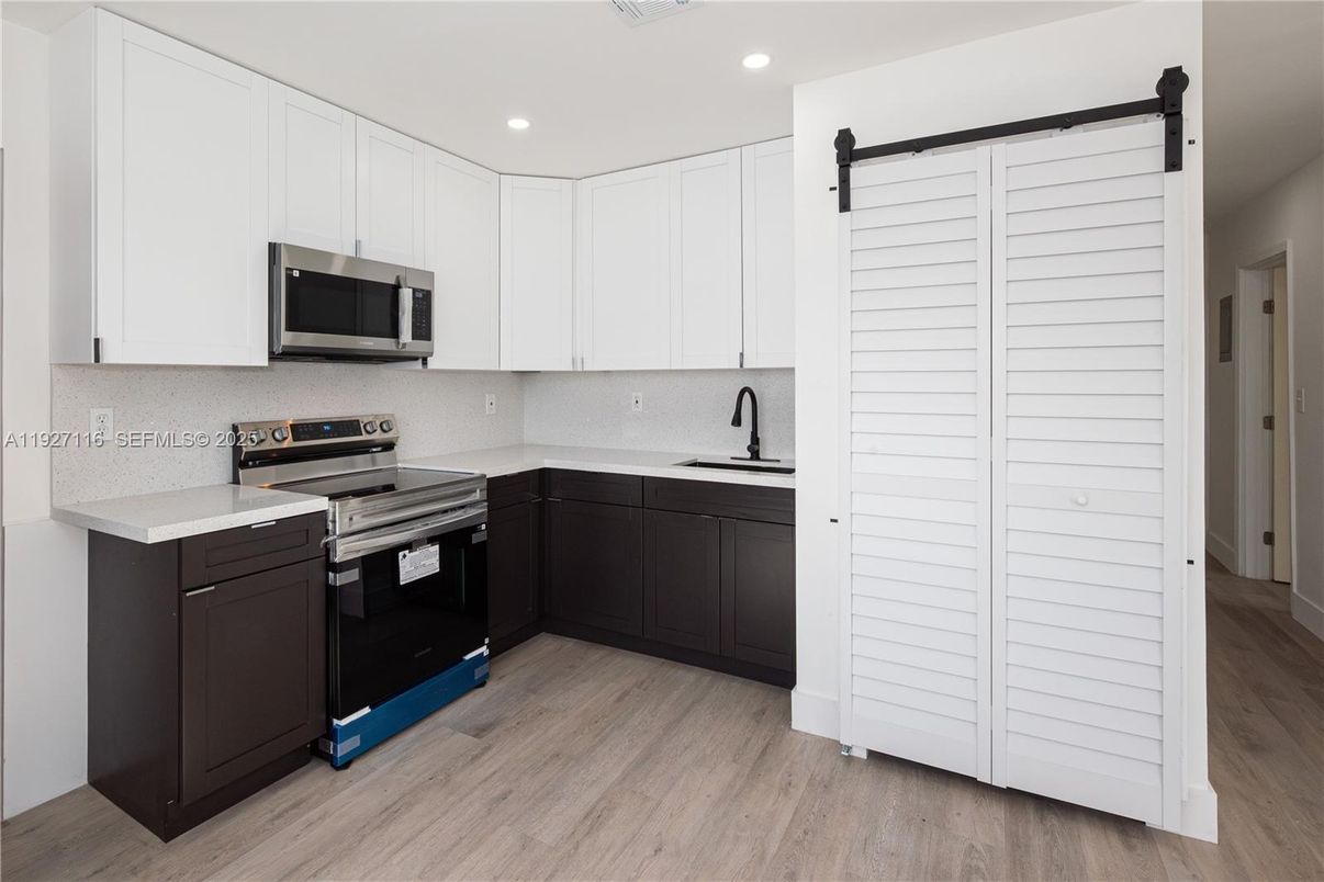 Interior, Kitchen, Recessed Lighting, Stainless Steel Appliances, Wood Texture Flooring