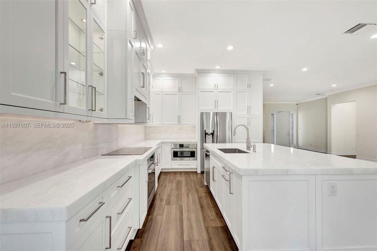 Interior, Kitchen, Recessed Lighting, Stainless Steel Appliances, Wood Texture Flooring