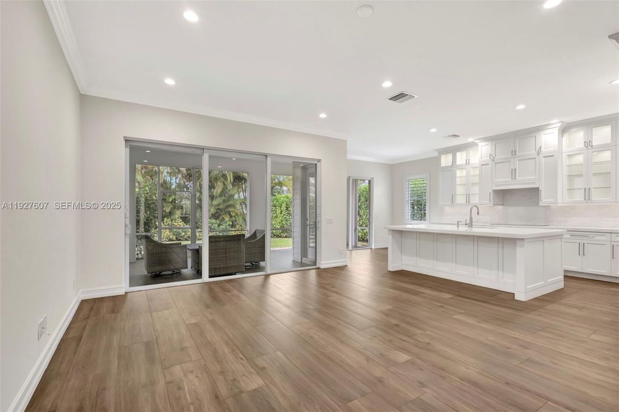 Empty room, Interior, Kitchen, Recessed Lighting, Wood Texture Flooring
