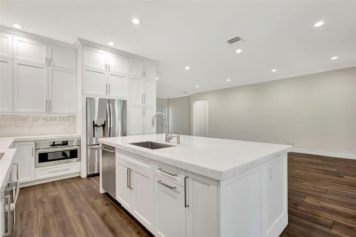 Interior, Kitchen, Recessed Lighting, Stainless Steel Appliances, Wood Texture Flooring