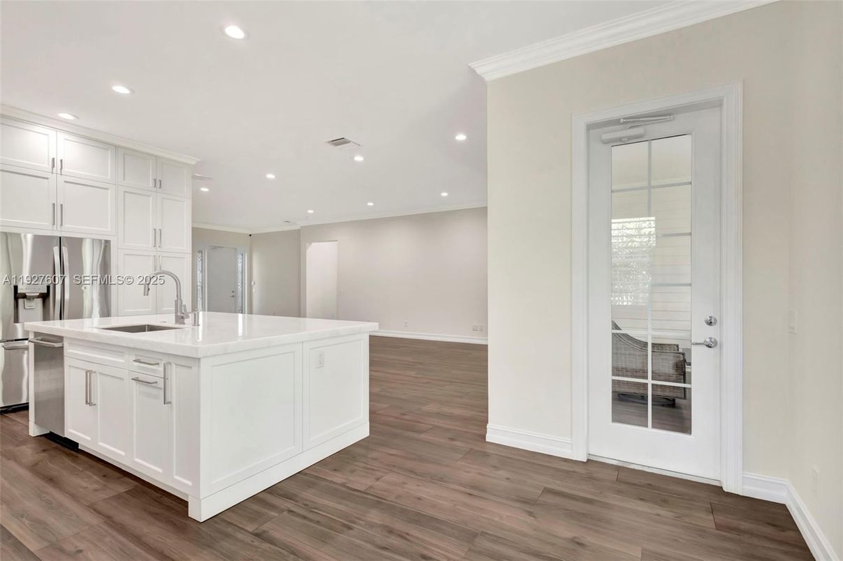 Interior, Kitchen, Recessed Lighting, Stainless Steel Appliances, Wood Texture Flooring