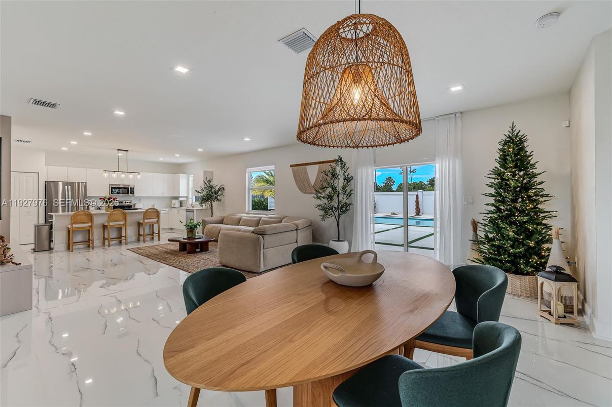 Dining room, Interior, Kitchen, Living room, Marble, Pendant Lights, Recessed Lighting, Stainless Steel Appliances