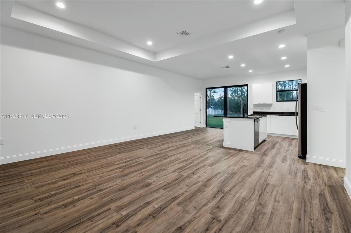 Empty room, Interior, Kitchen, Recessed Lighting, Wood Texture Flooring